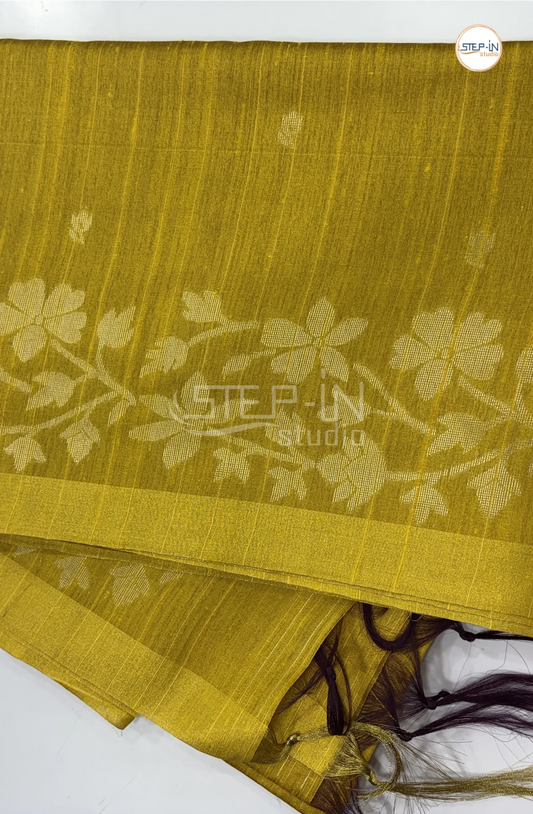 Floral Design Raw Silk Saree - Yellow