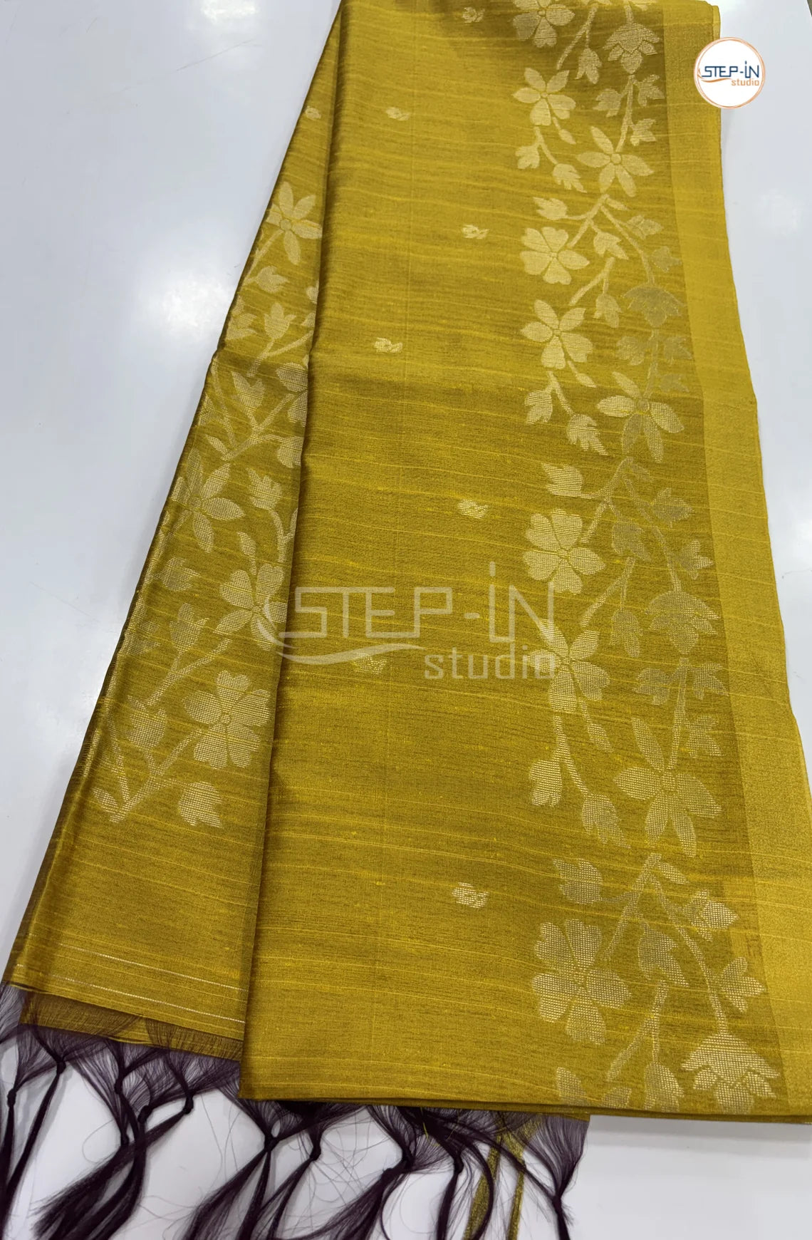 Floral Design Raw Silk Saree - Yellow