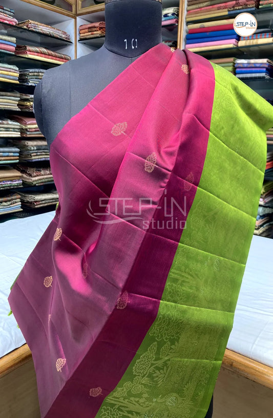 Floral Design Soft Silk Saree With Contrast Boluse and Pallu - Maroon & Green