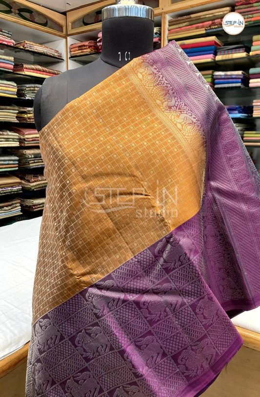Floral Design Soft Silk Saree With Contrast Boluse and Pallu - Mustard & Purple