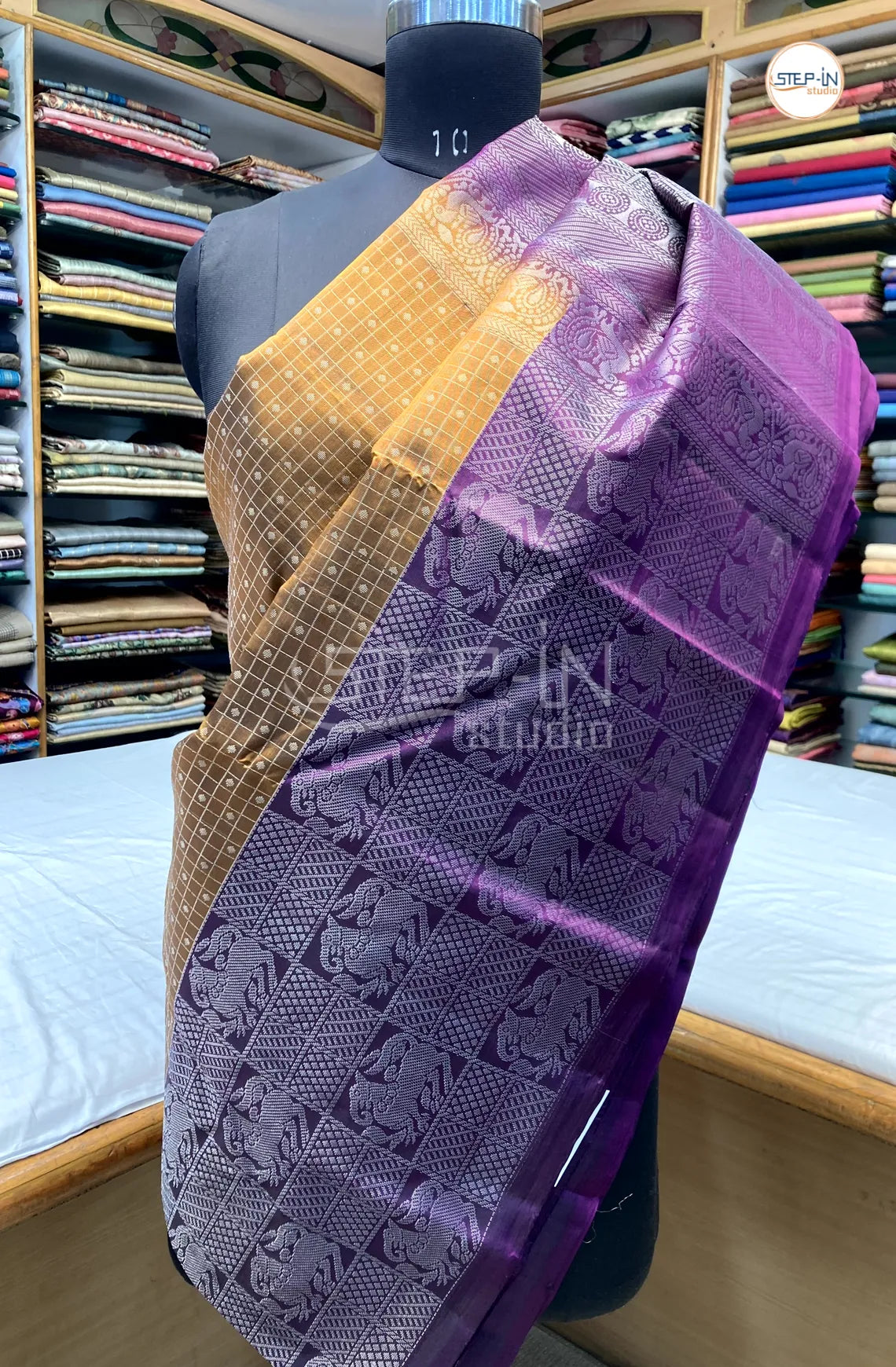 Floral Design Soft Silk Saree With Contrast Boluse and Pallu - Mustard & Purple