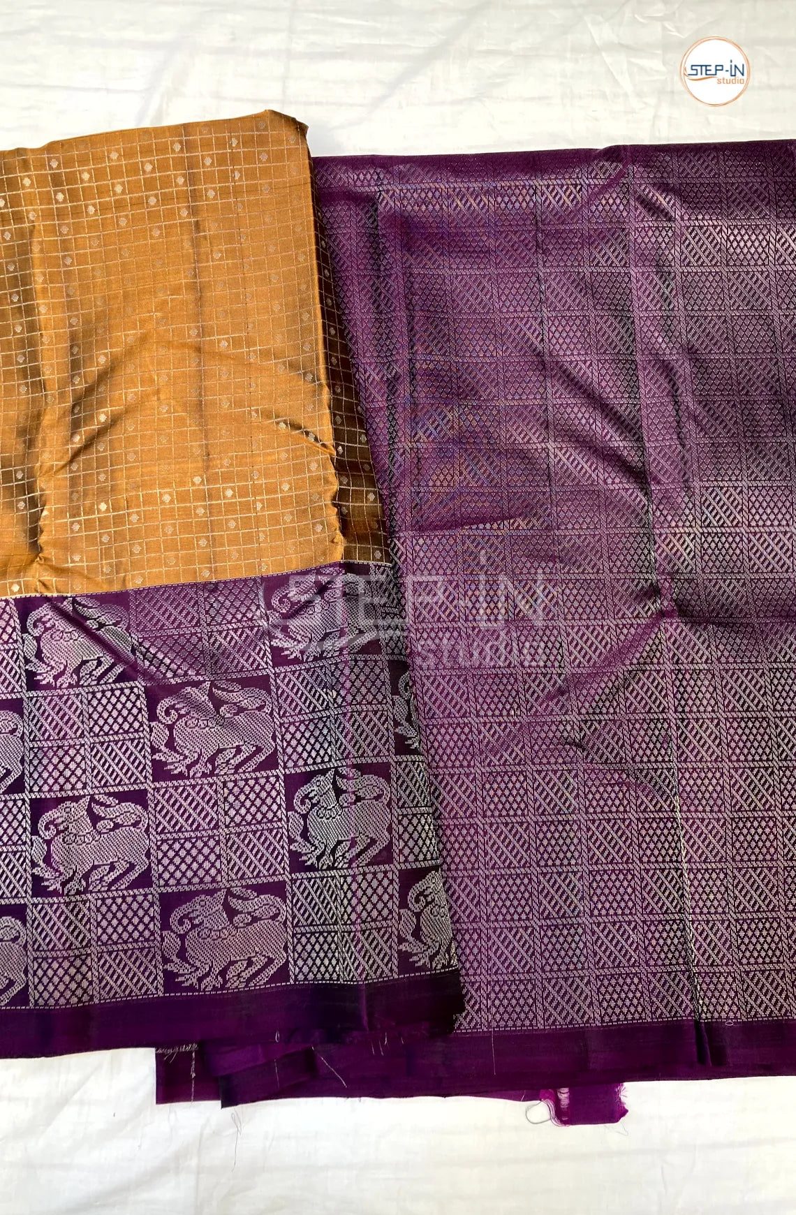 Floral Design Soft Silk Saree With Contrast Boluse and Pallu - Mustard & Purple