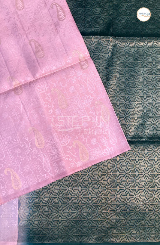 Floral Design Soft Silk Saree With Contrast Boluse and Pallu -Pale Pink & Green