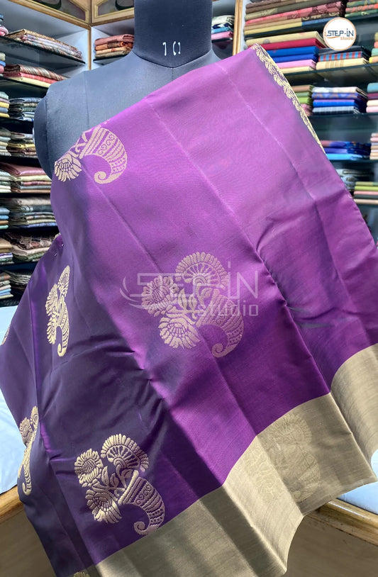 Floral Design Soft Silk Saree With Contrast Boluse and Pallu - Purple & Gold