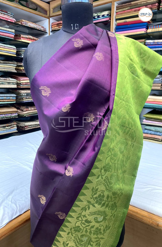 Floral Design Soft Silk Saree With Contrast Boluse and Pallu - Purple & Green