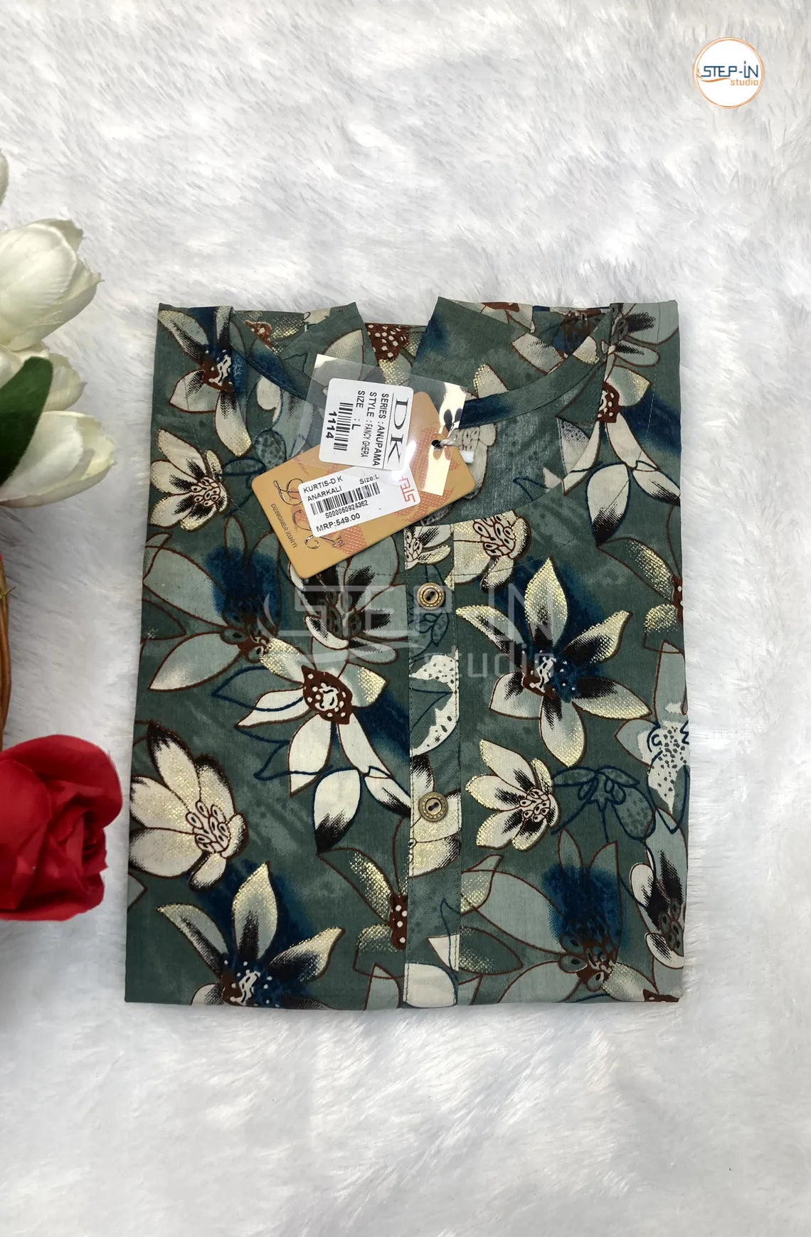 Floral Digital Flower Printed Top - Light Hunter Green