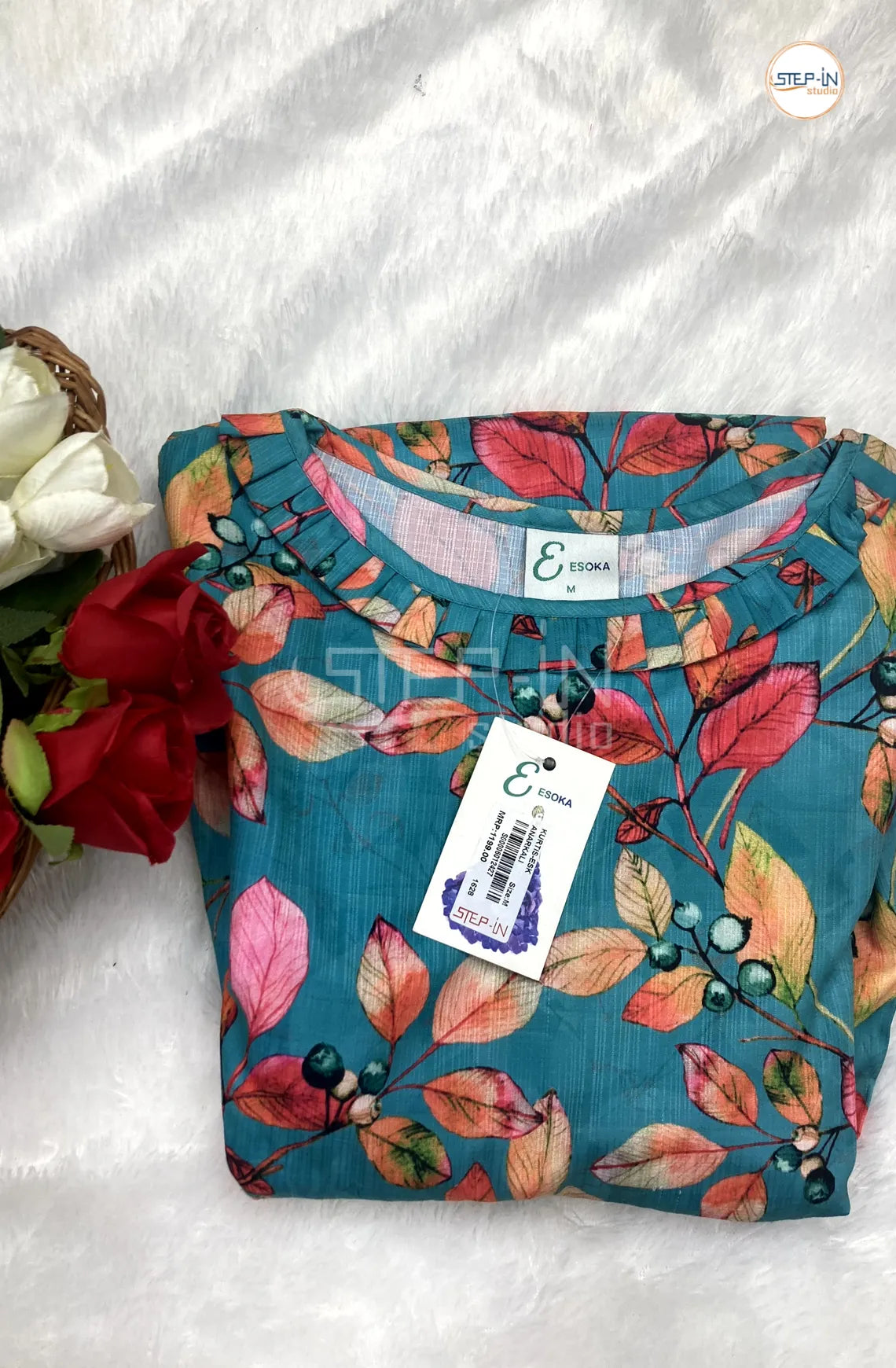 Floral Digital Printed Neck Work Top - Lagoon Blue