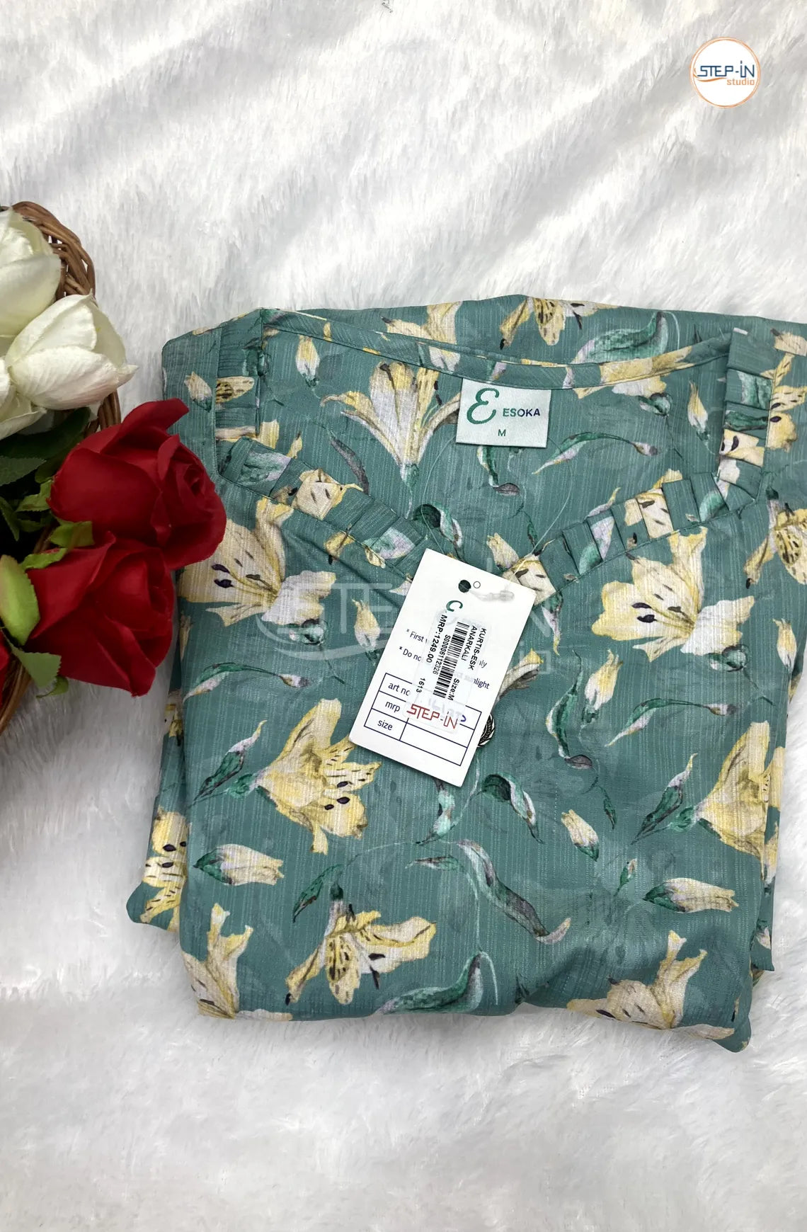 Floral Digital Printed Neck Work Top - Sage Green