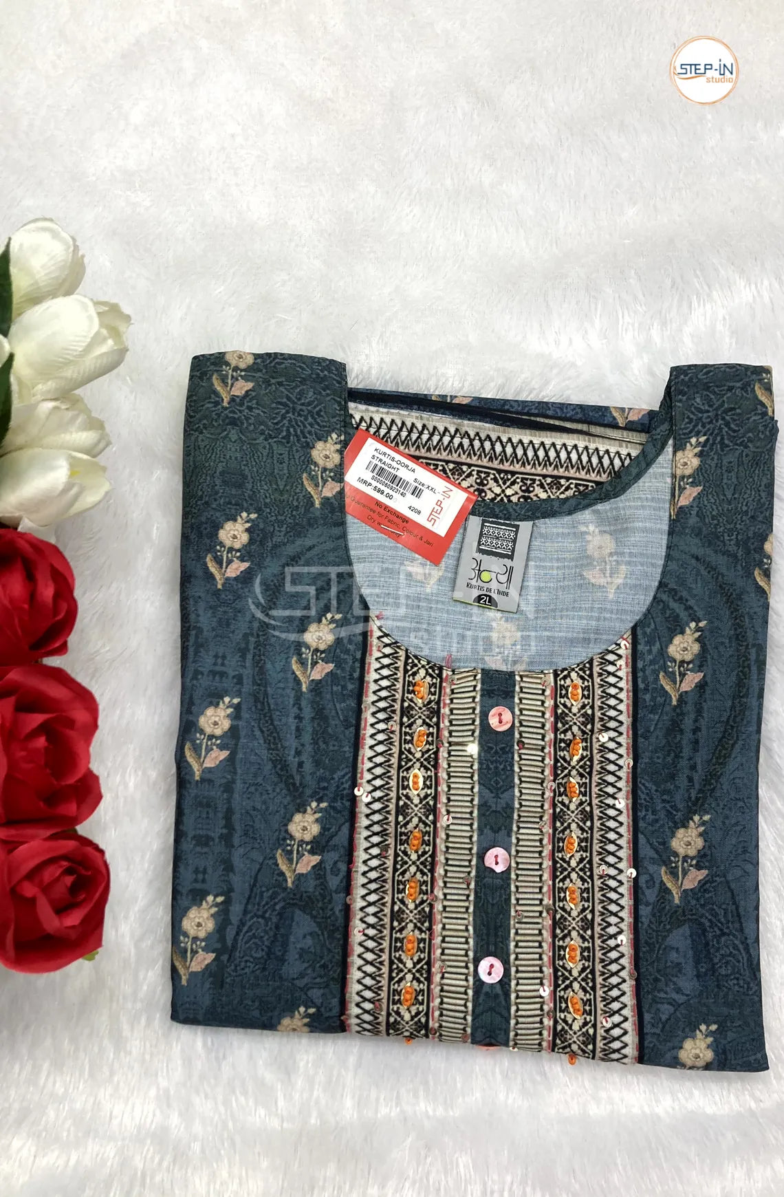 Floral Digital Printed Neck Work Top - Teal Blue