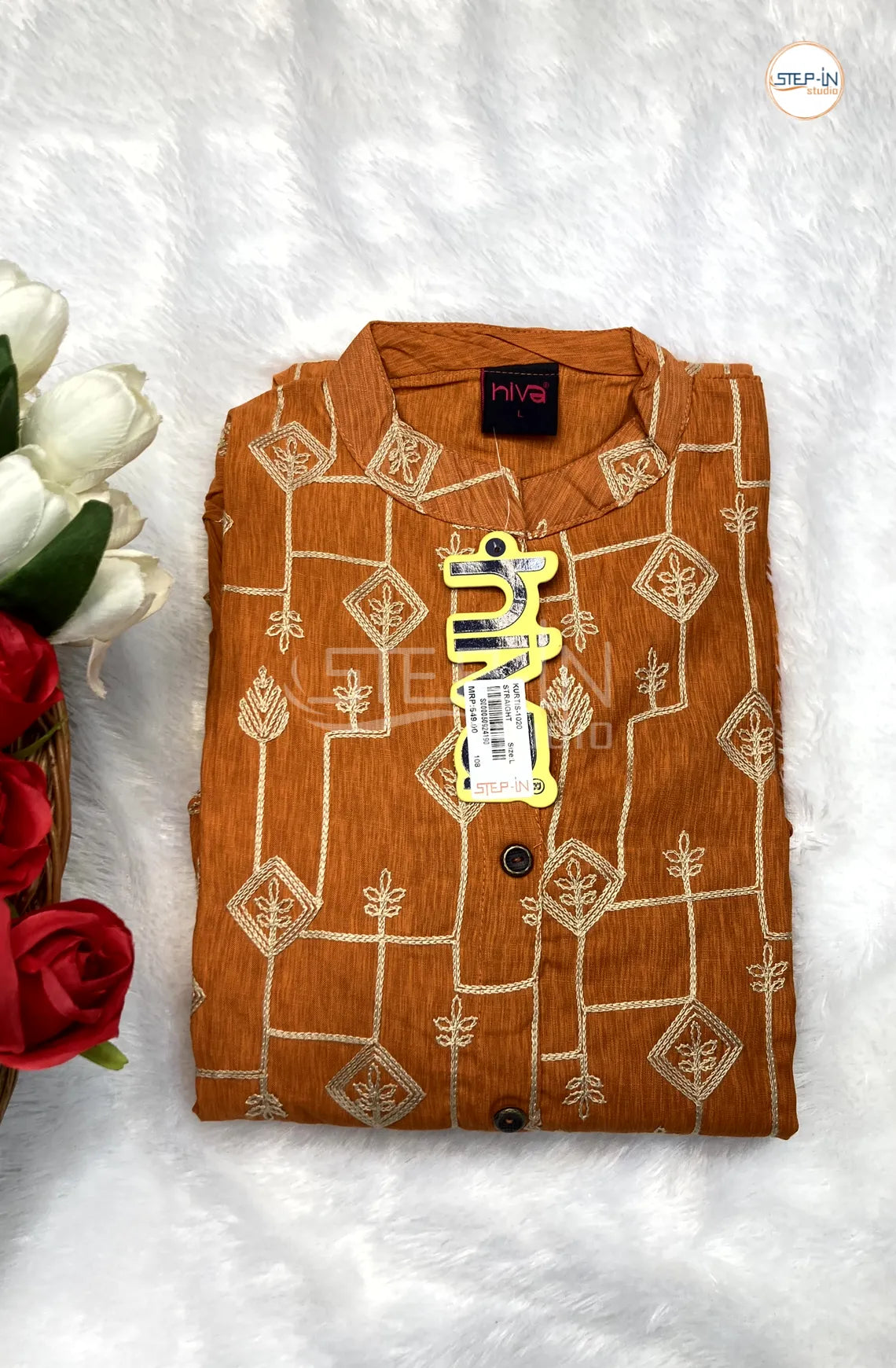 Floral Embroiderd Collor Neck Top -Mustard