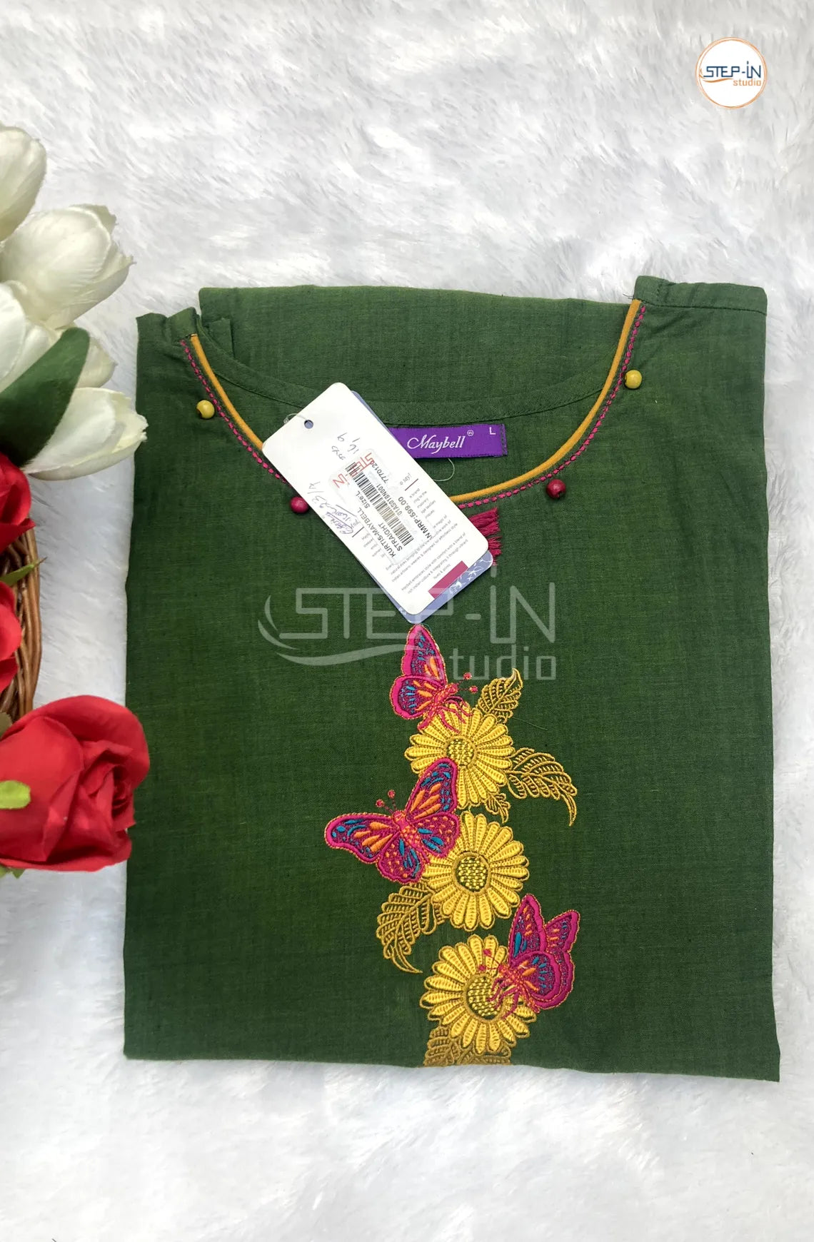 Floral Embroiderd Cotton Top - Willow Green