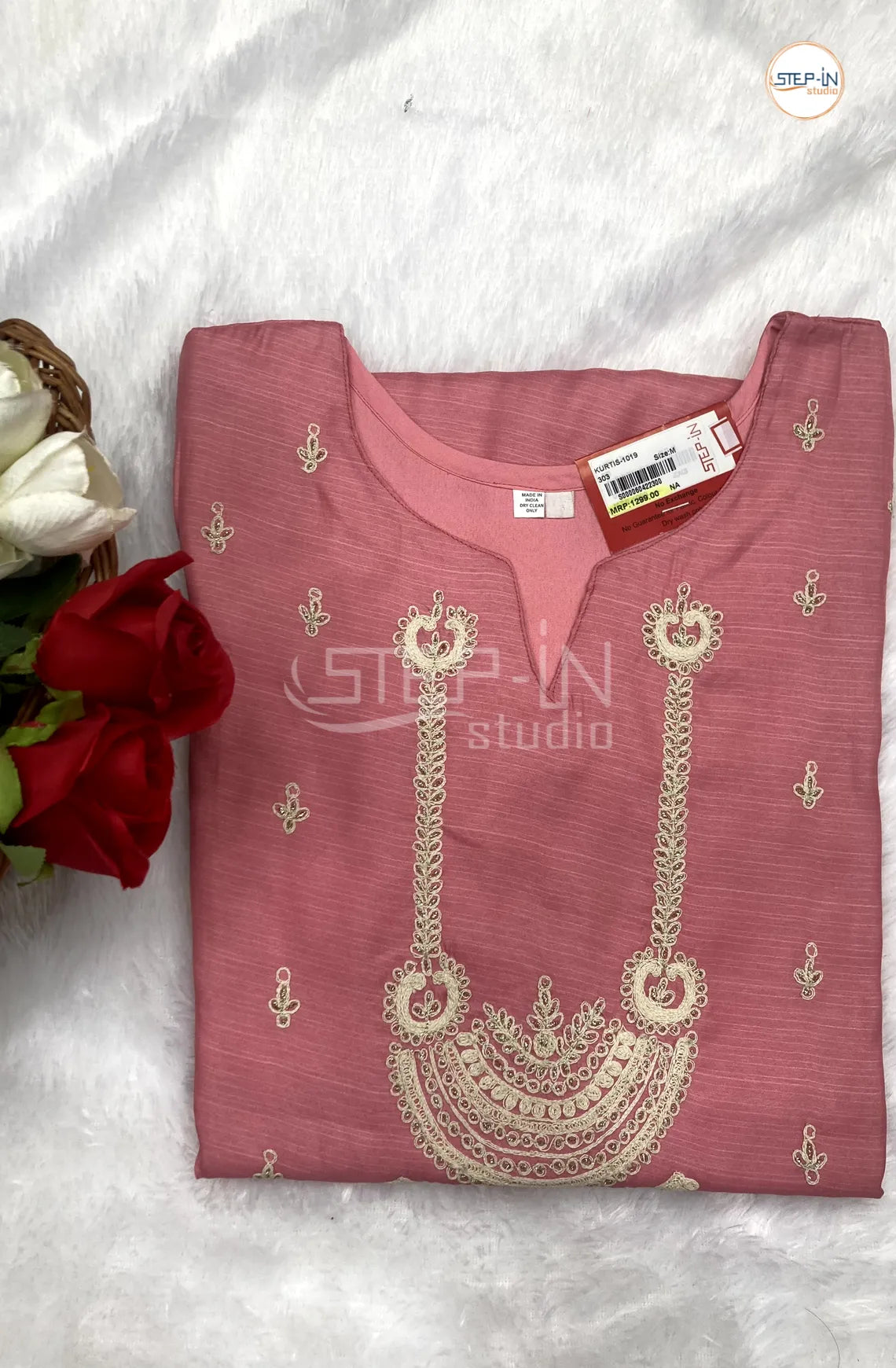 Floral Embroiderd Neck Design Top - Light Salmon pink