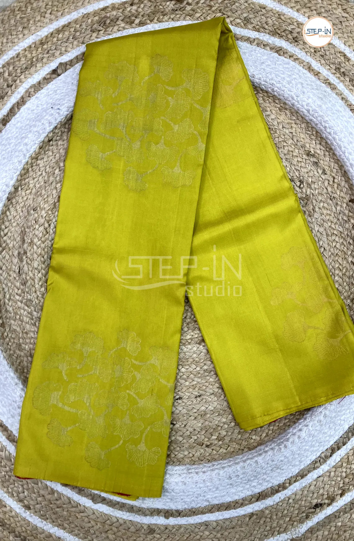 Floral Flower Design Soft Silk Saree With Contrast Blouse and Plain Border & Pallu- Lime yellow & Red