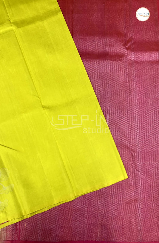 Floral Flower Design Soft Silk Saree With Contrast Blouse and Plain Border & Pallu- Lime yellow & Red