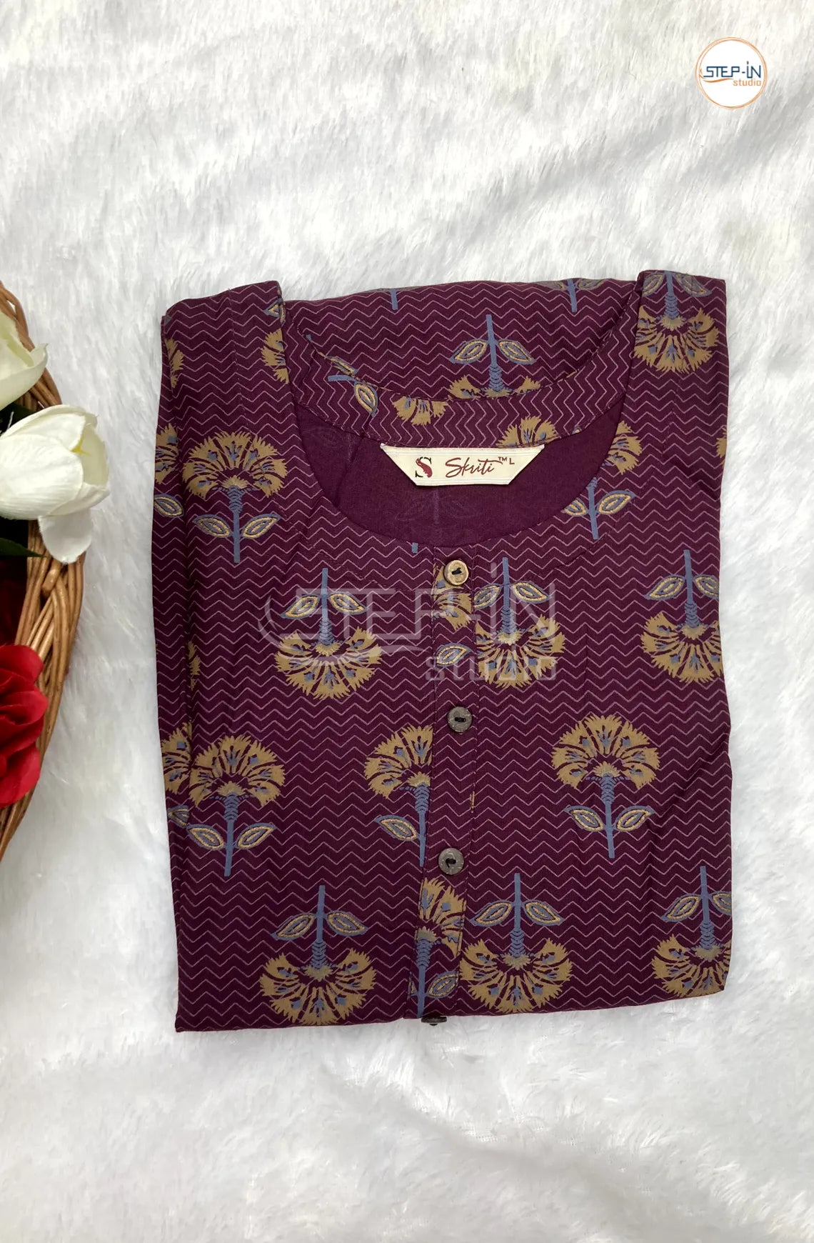 Floral Flower Printed Cotton Top - Dark  Purple