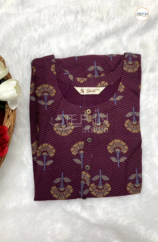 Floral Flower Printed Cotton Top - Dark  Purple