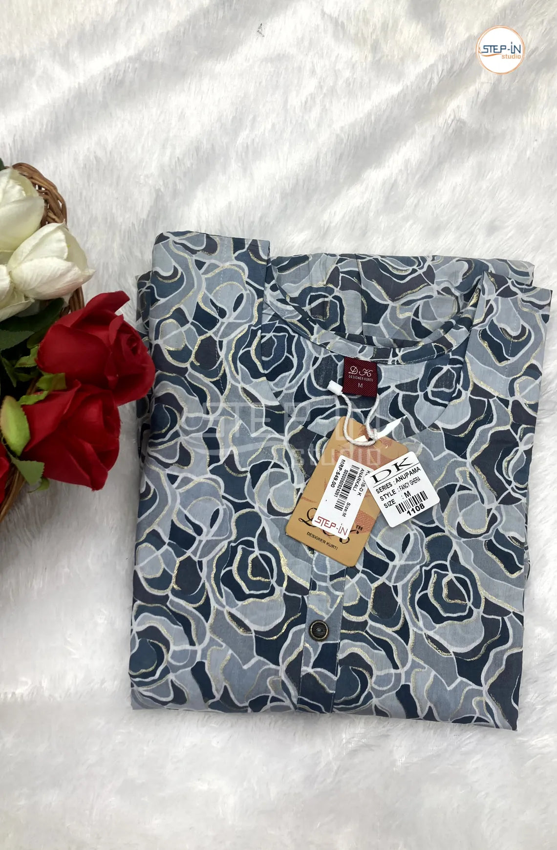 Floral Flower Printed Cotton Top -Light & Dark Grey