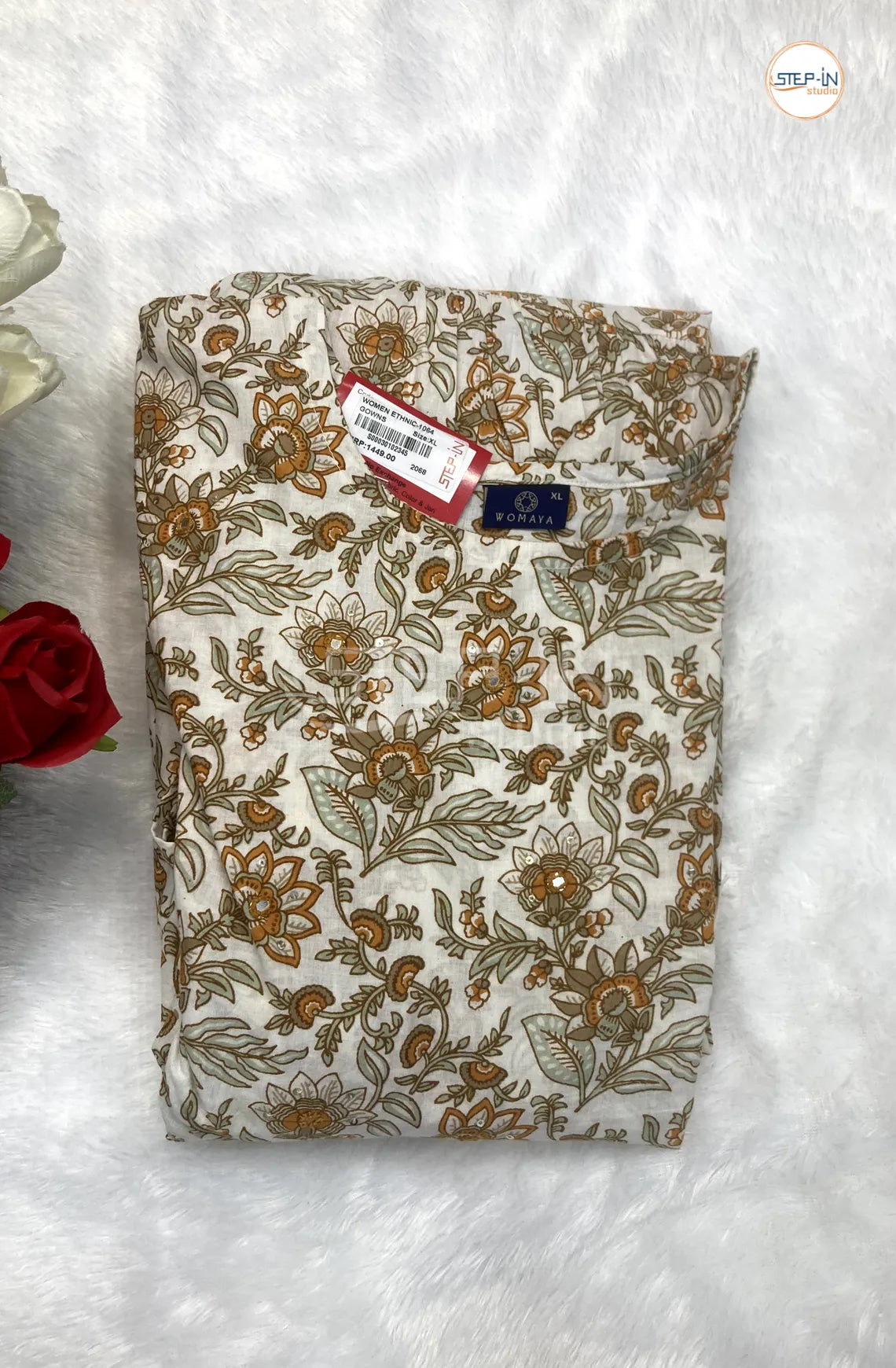 Floral Flower Printed Mirror Work Cotton Top- White