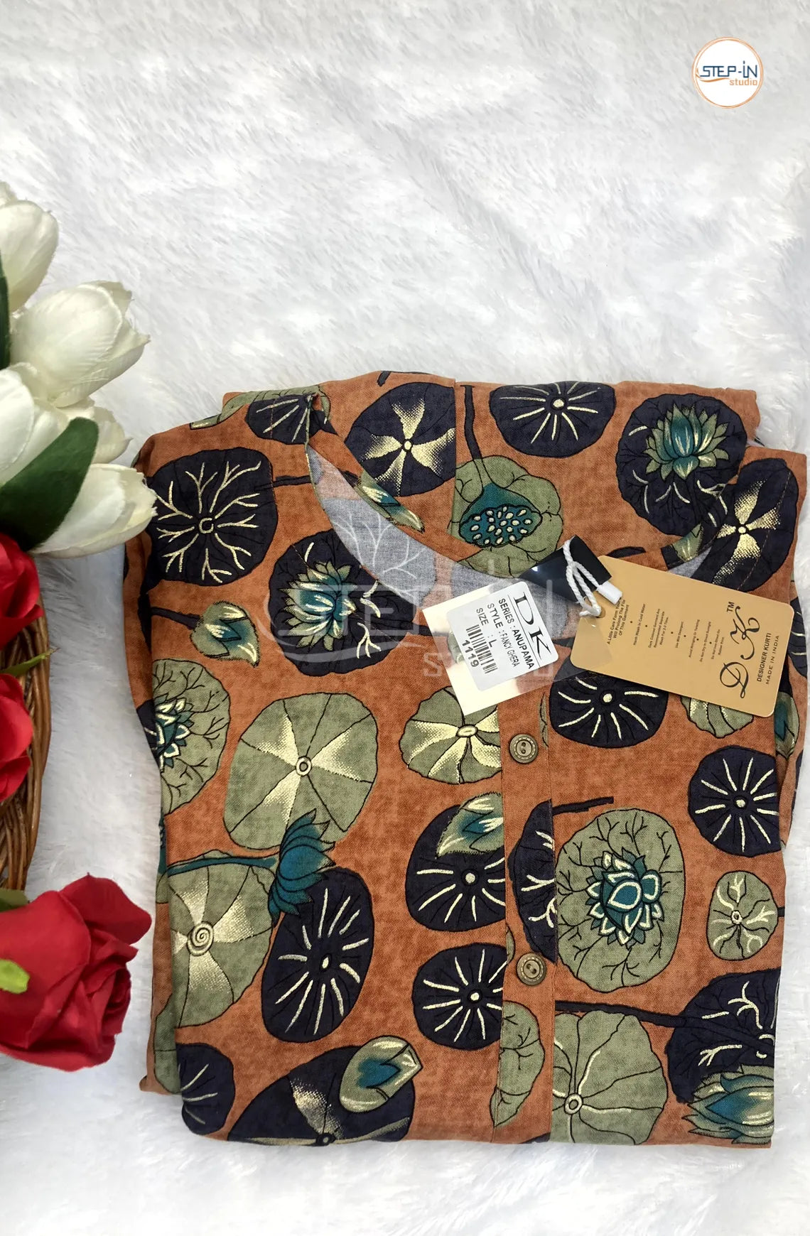 Floral Flower Printed Top - Mustard & Brown