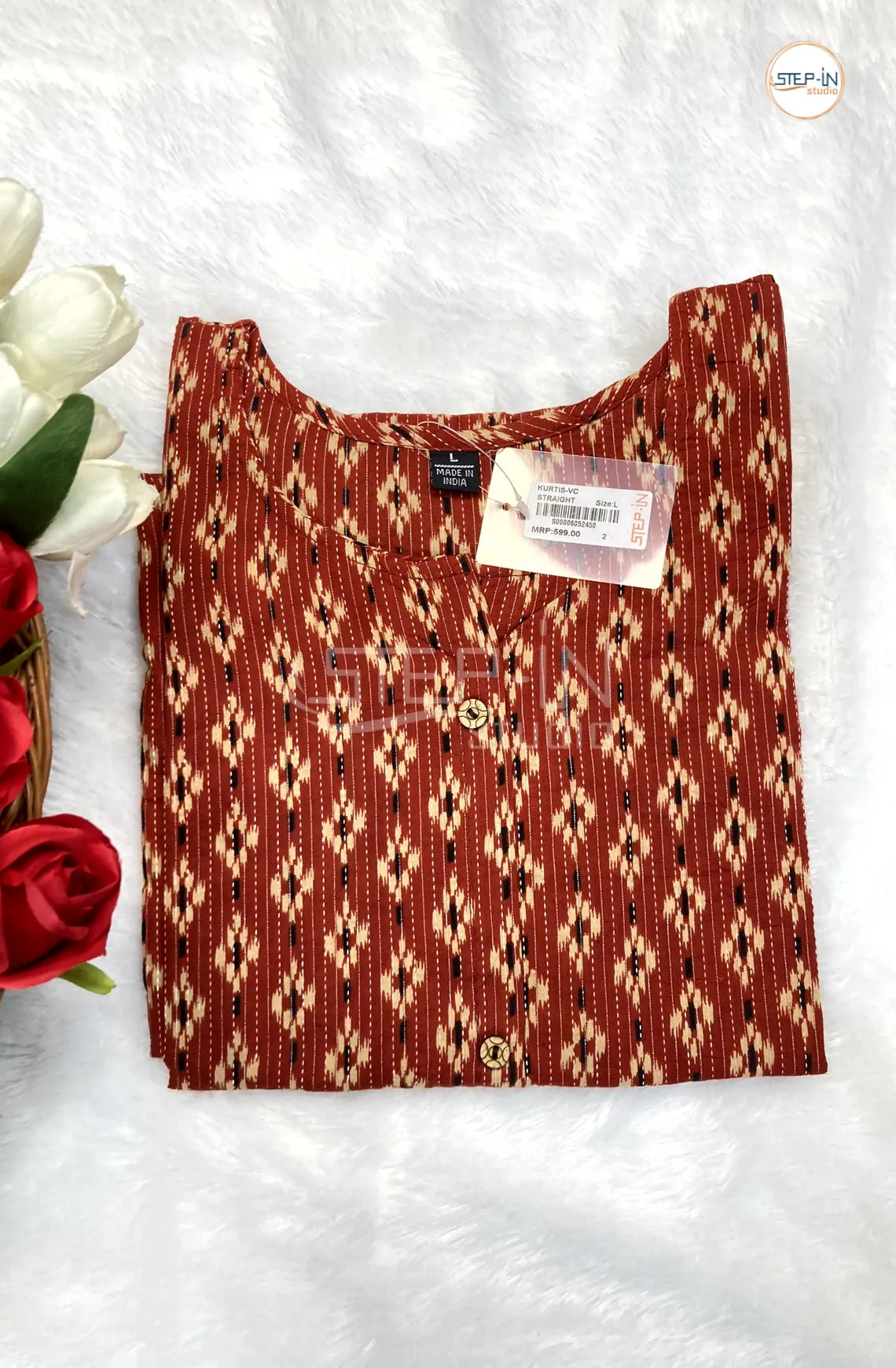 Floral Ikat Printed CottonTop - Fire Brck Red