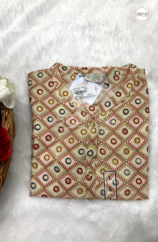 Floral Checked Mandarin Collar Top - Beige