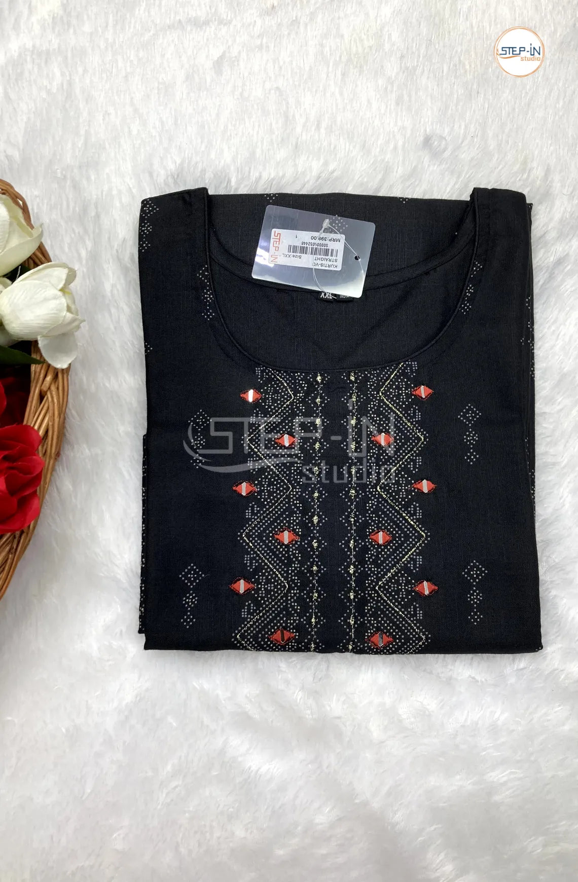 Floral Mirror Work Cotton Top - Black
