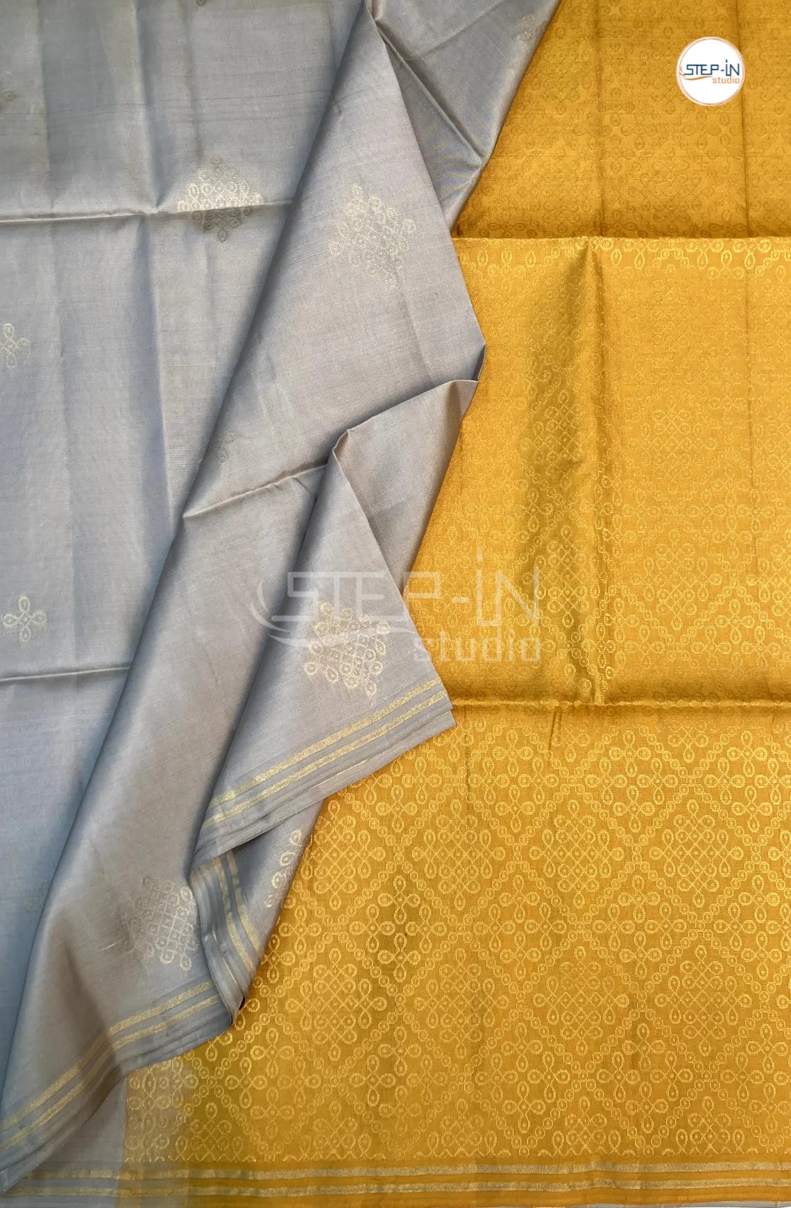 Floral Motif Design Soft Silk Saree With Contrast Blouse and Border- Grey & Yellow