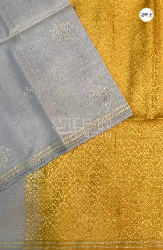 Floral Motif Design Soft Silk Saree With Contrast Blouse and Border- Grey & Yellow