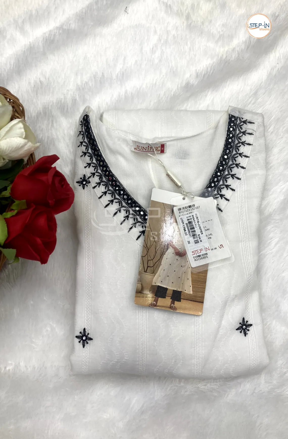 Floral Neck Mirror Embroiderd Work Top - White