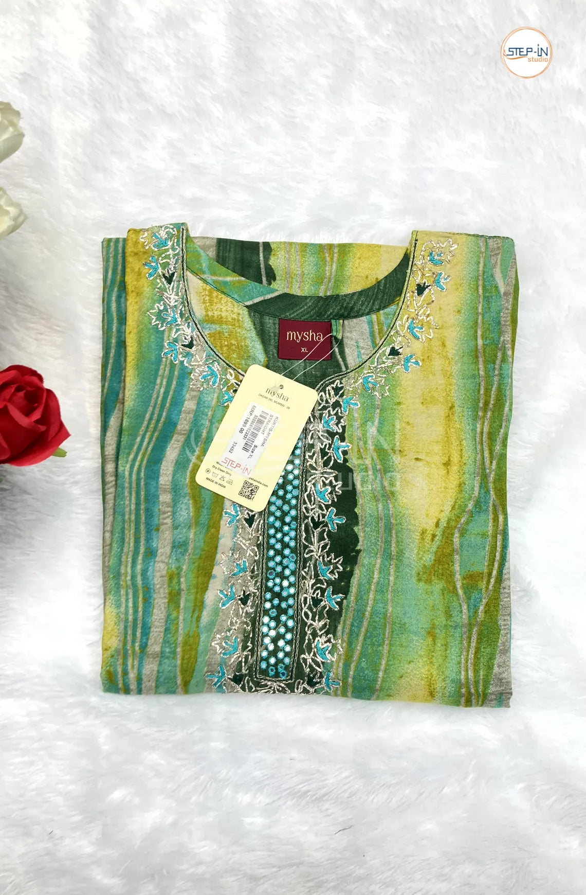 Floral Neck Mirror Work kurti- Jasmine Green & Lemon Yellow