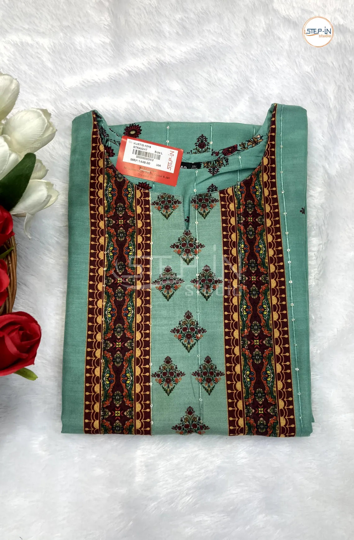 Floral Neck Printed Top - Aqua Green