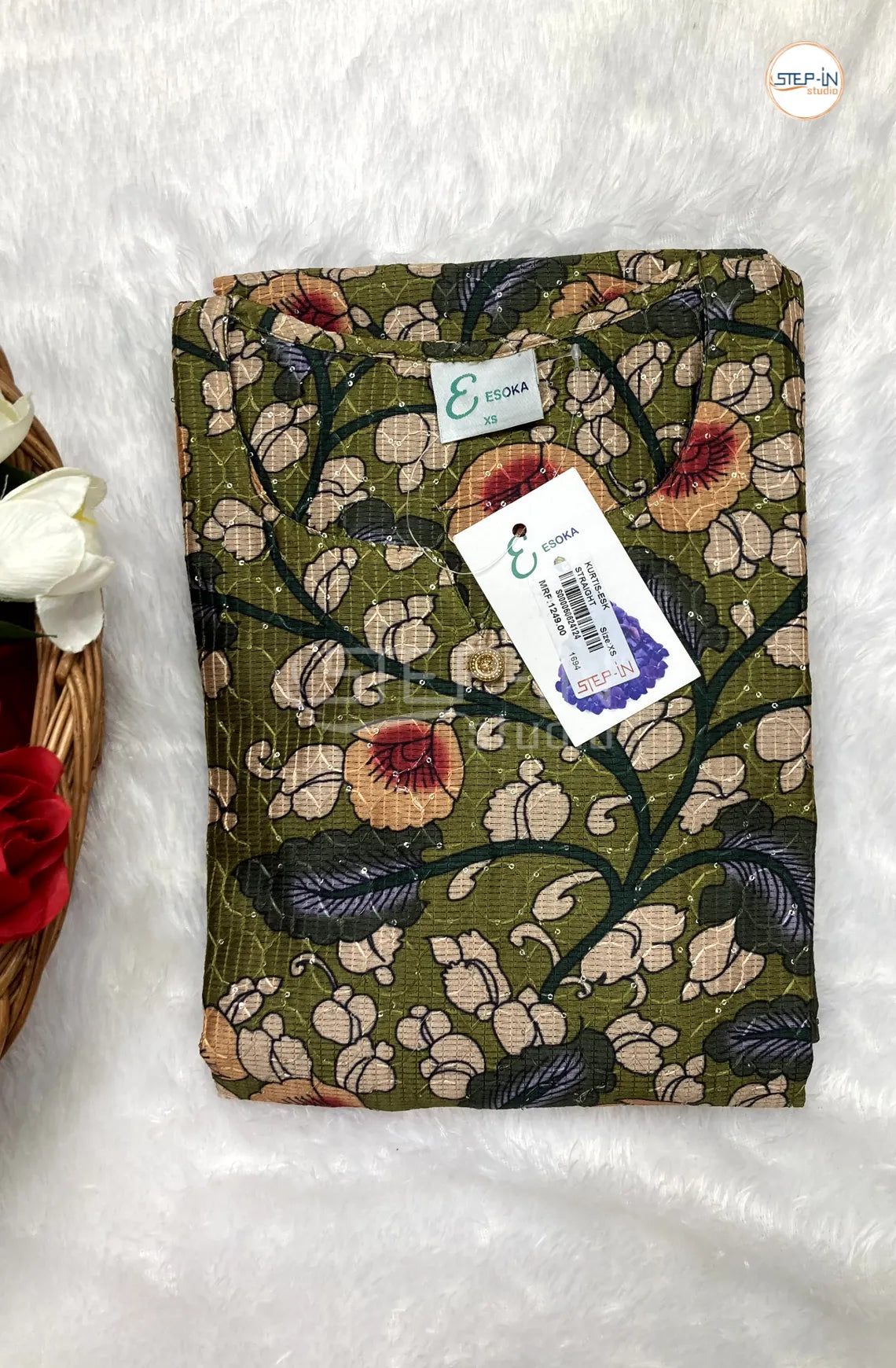 Floral Orange Flower Printed Top - Olive Green