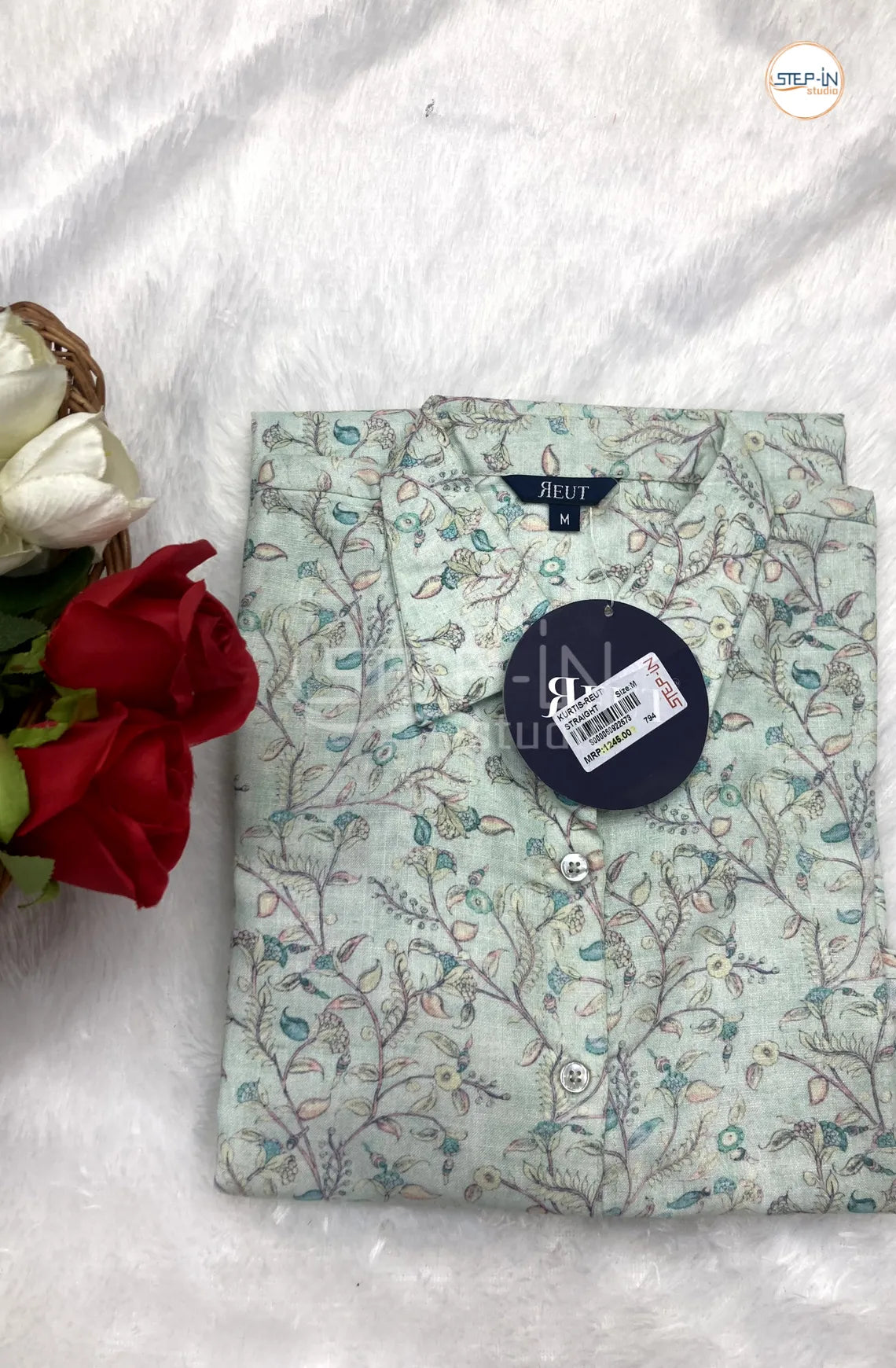 Floral Printed Collor Neck Top - Ice Mint