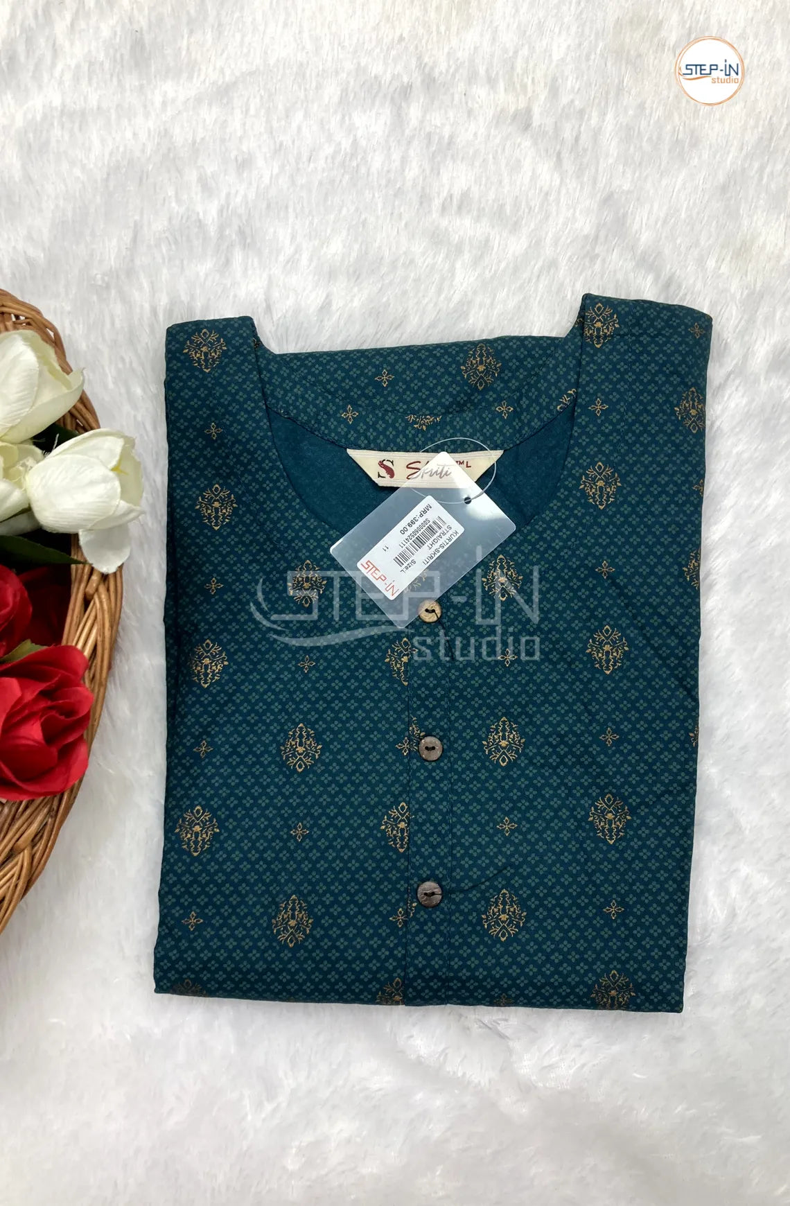 Floral Printed Cotton Top - Dark Forest Green