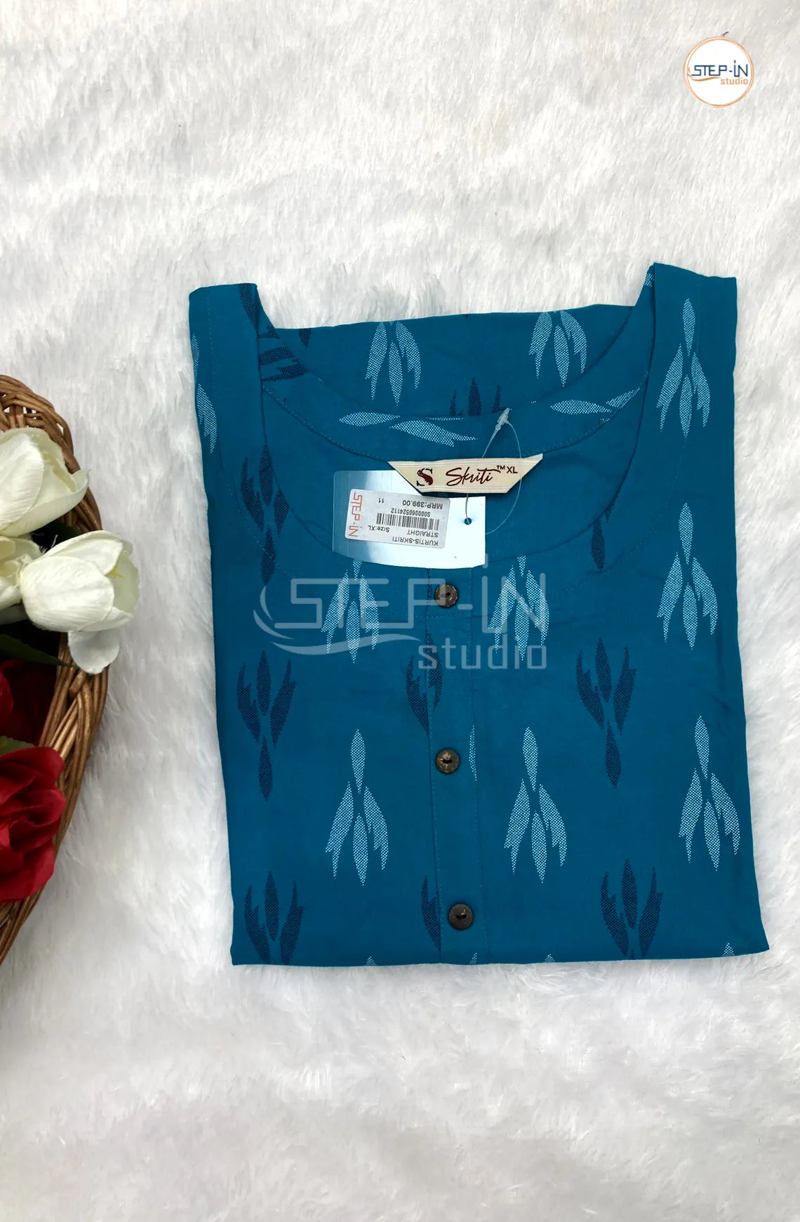 Floral Printed  Cotton Top - Dark Teal Blue