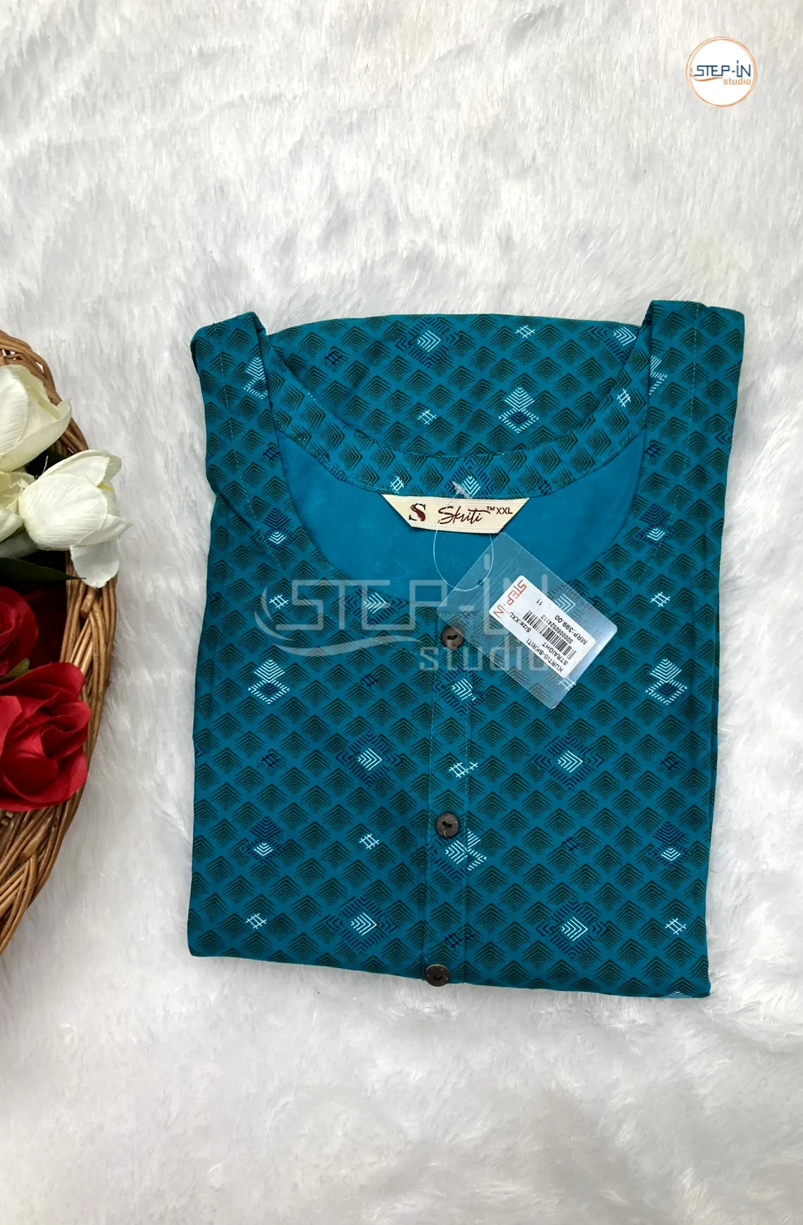 Floral Printed Cotton Top - Jade Blue