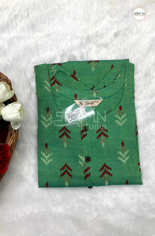 Floral Printed  Cotton Top - Mid Green