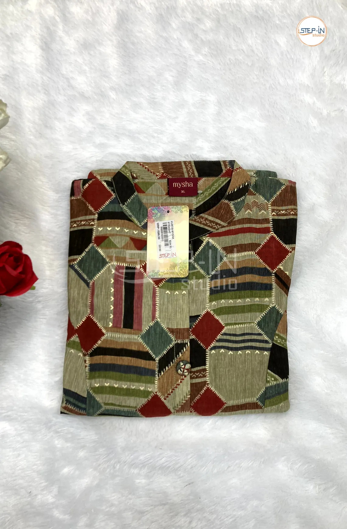 Floral Printed Mandarin Coller Top - Soft Pine Green & Maroon