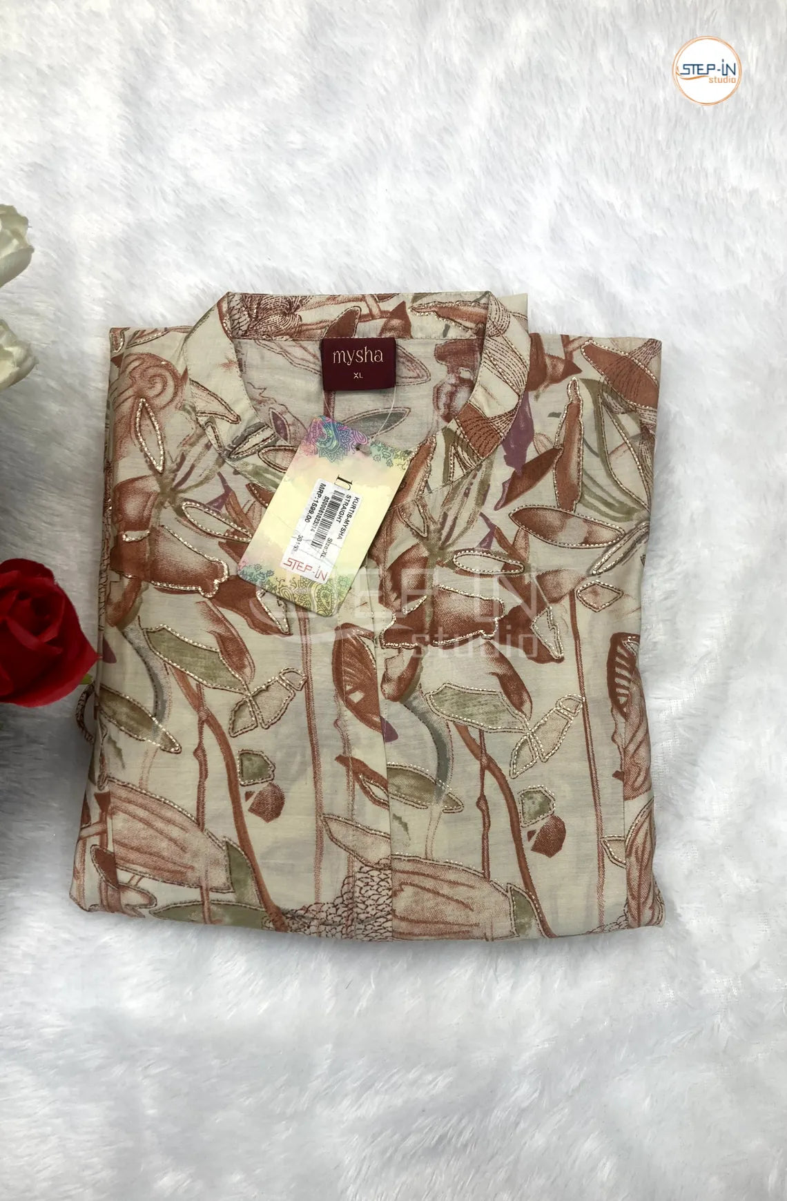 Floral Printed Mandarin Collor Top - Antique White & Brown