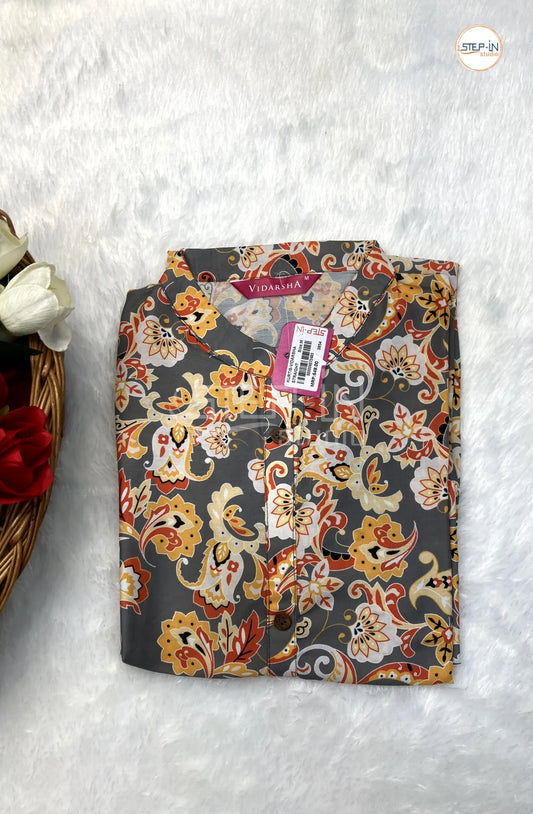 Floral Printed Mandarin coller Top - Grey