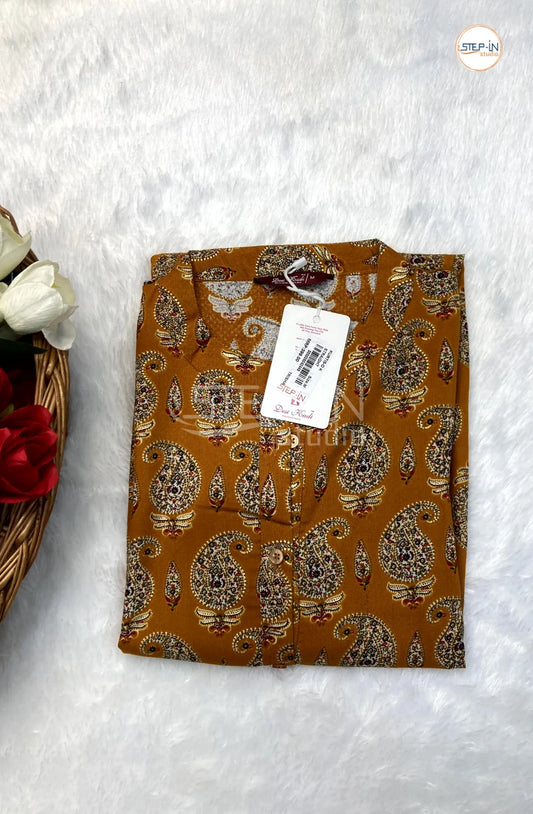 Floral Printed Mandarin Collar Top - Ochre Yellow