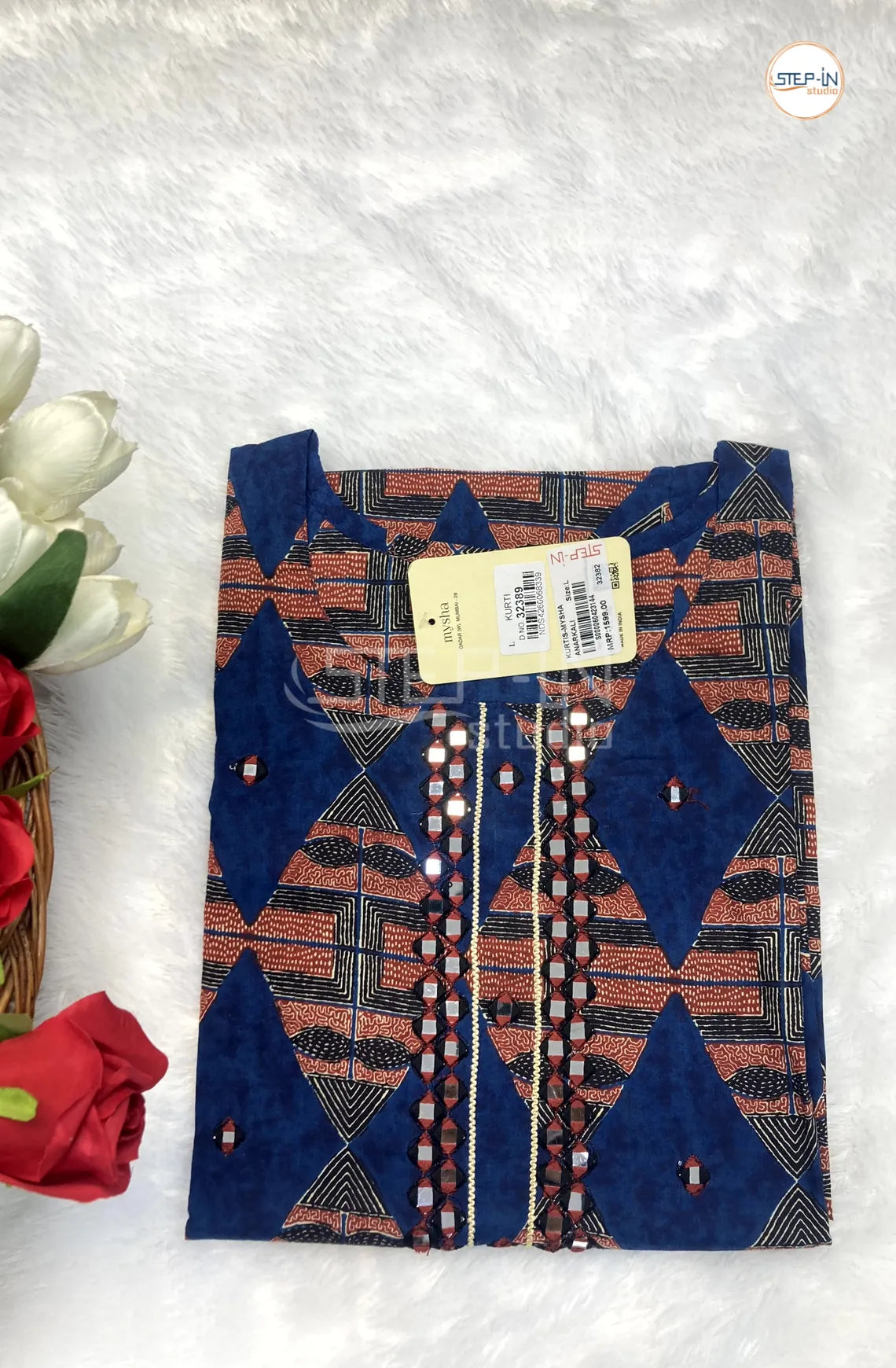 Floral Printed Mirror Work Top - Blue & Orange