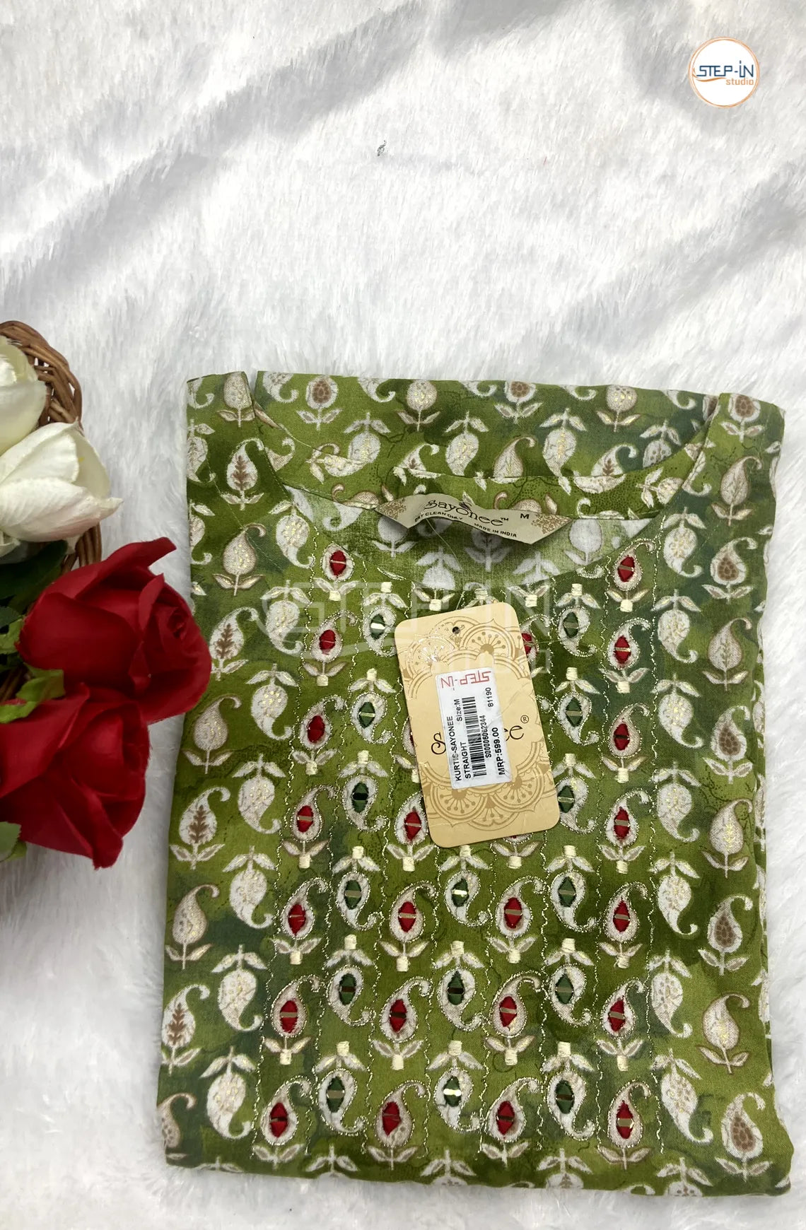 Floral Printed Mirror Work Top - Green Yellow