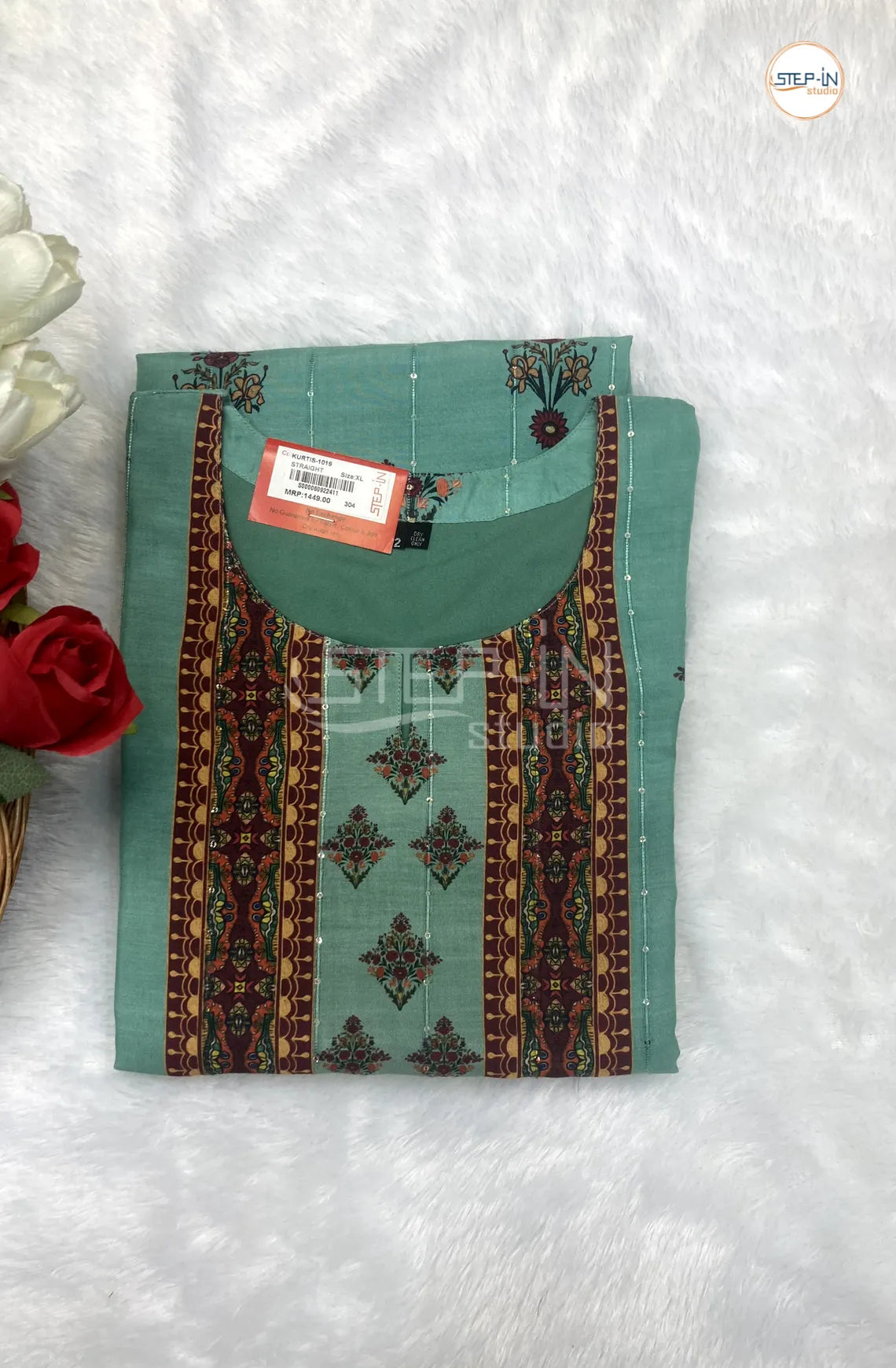 Floral Printed Neck Design Top - Dark Pastel Green