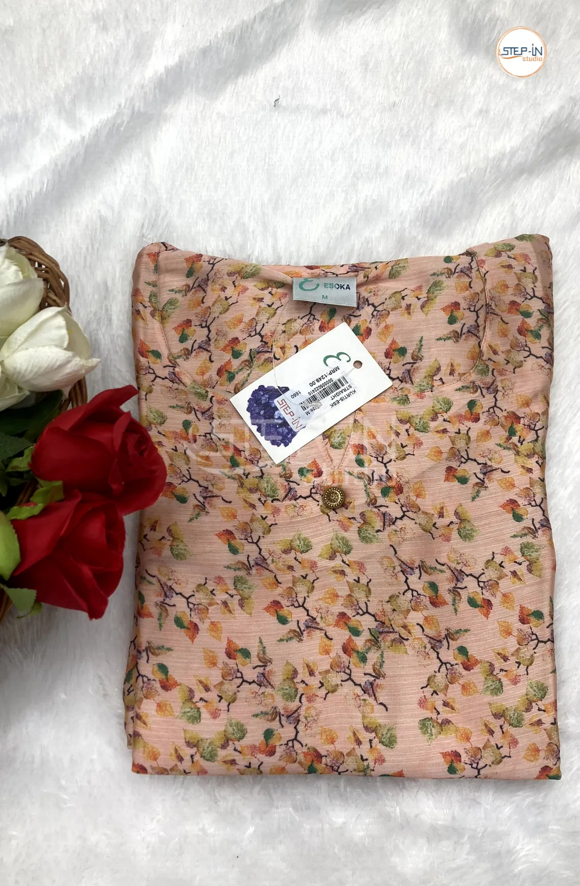 Floral Printed Neck Design Top - Light Orange