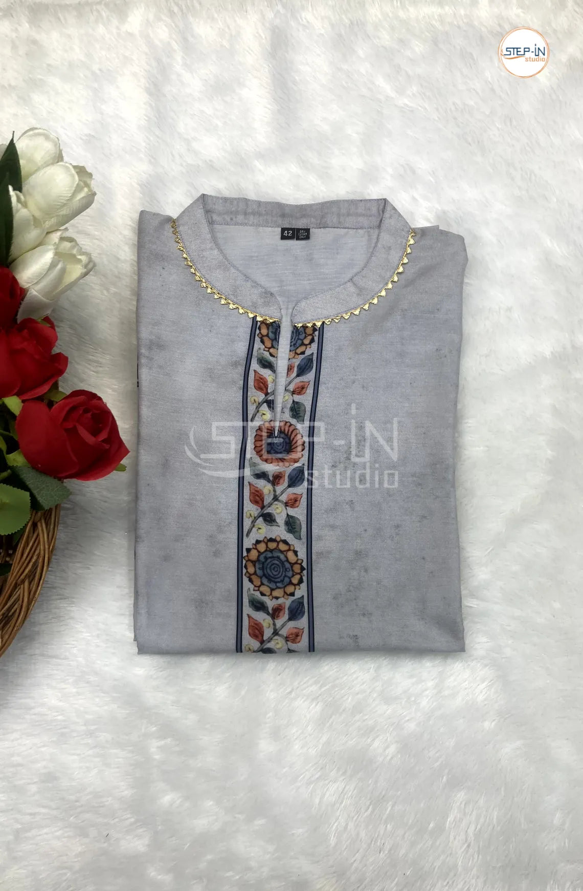 Floral Printed Neck Mandarin Collor Top - Grey