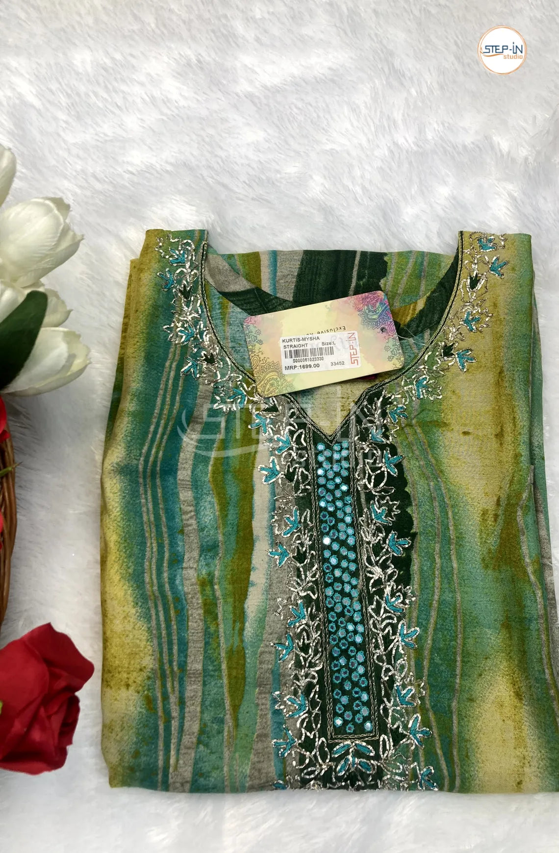 Floral Printed Neck Work Top - Green & Yellow Green