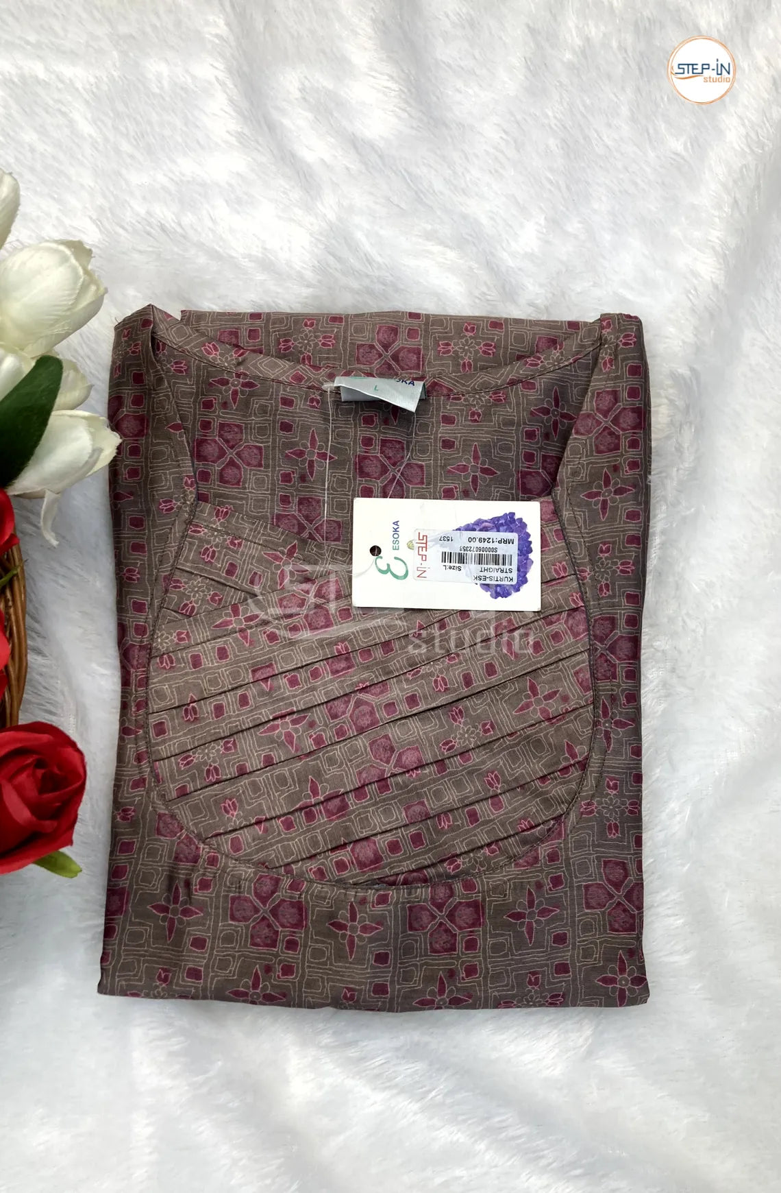 Floral Printed Neck Work Top -Taupe Brown