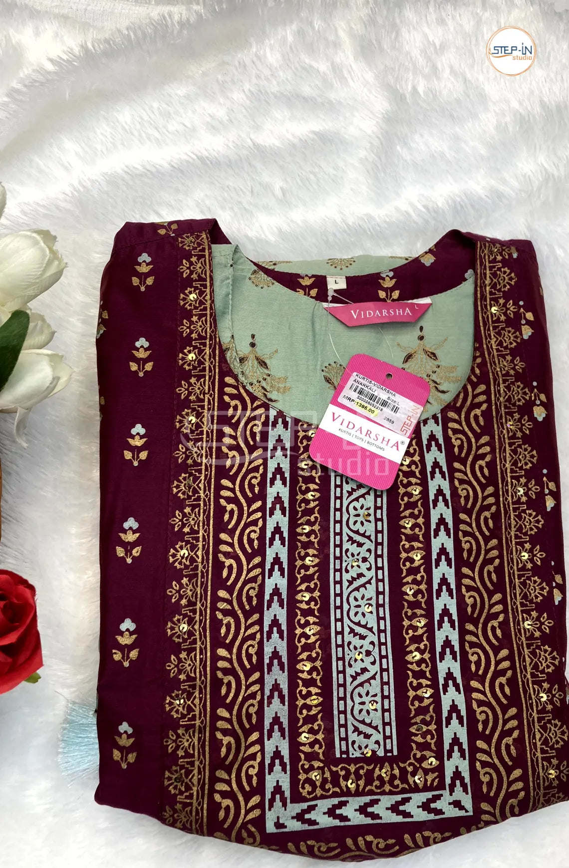 Floral Printed Over Coat Top - Maroon & Pista Green