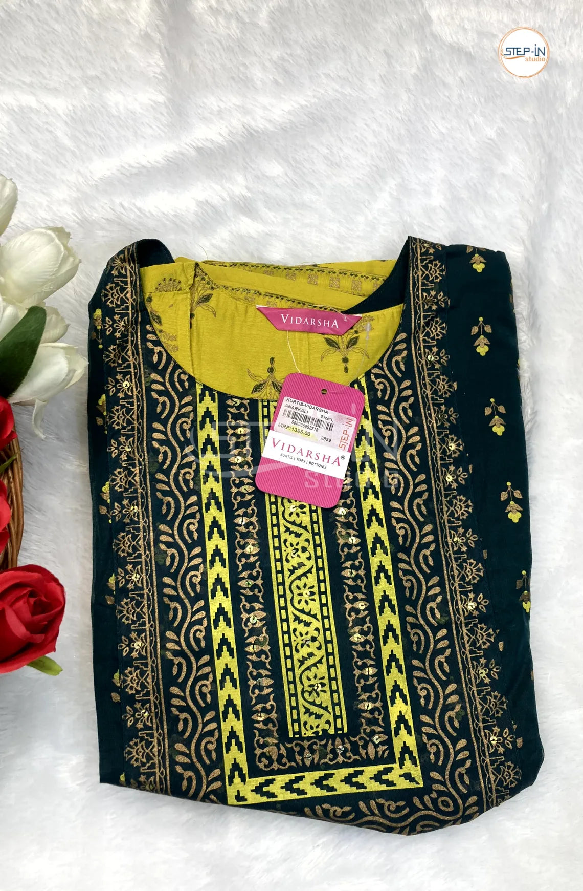 Floral Printed Over Coat Top - Yellow & Navy